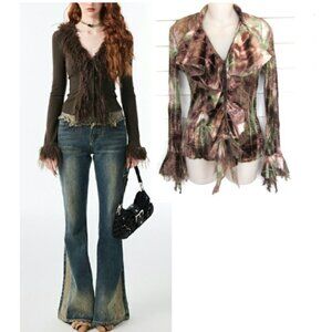 Whimsigoth Fairycore Lace & Velvet Jabot Blouse